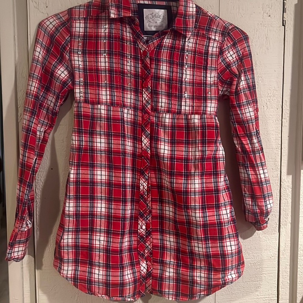 Justice Red & Blue Plaid Top with Silver Accents